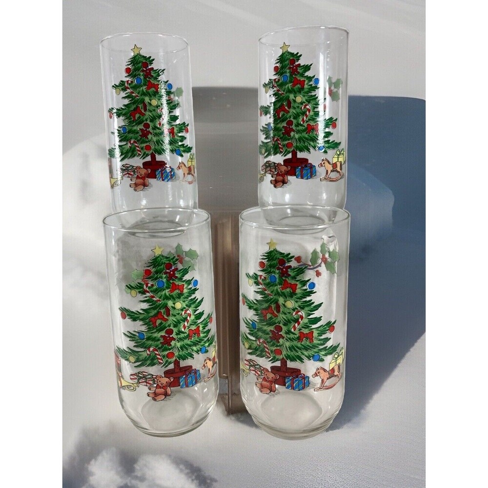 Christmas Tree design Glasses Luminarc 1992 Set of 4 Vtg 16oz Holiday Tumblers
